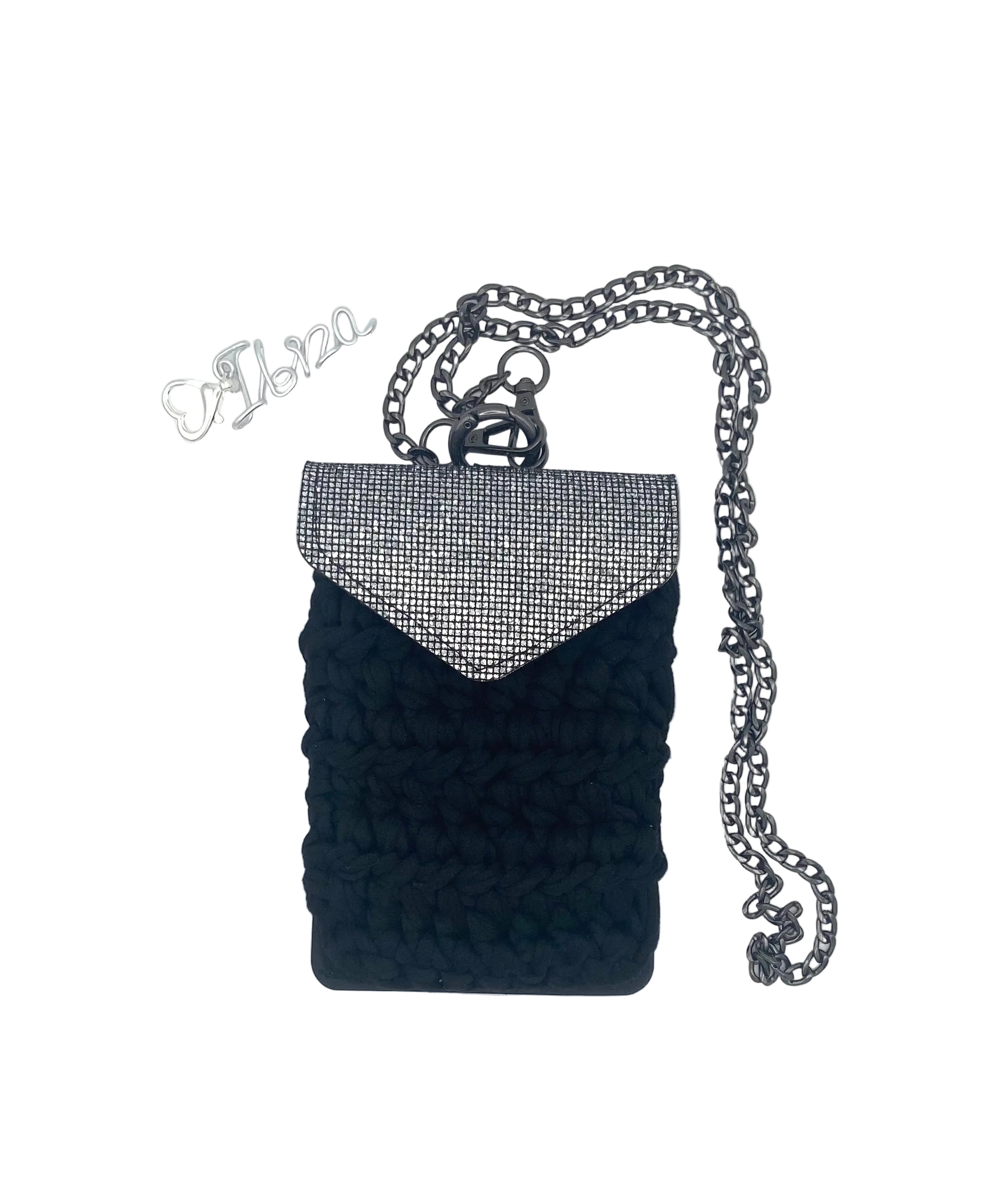 Pochette de téléphone Ibiza en crochet noir et argent