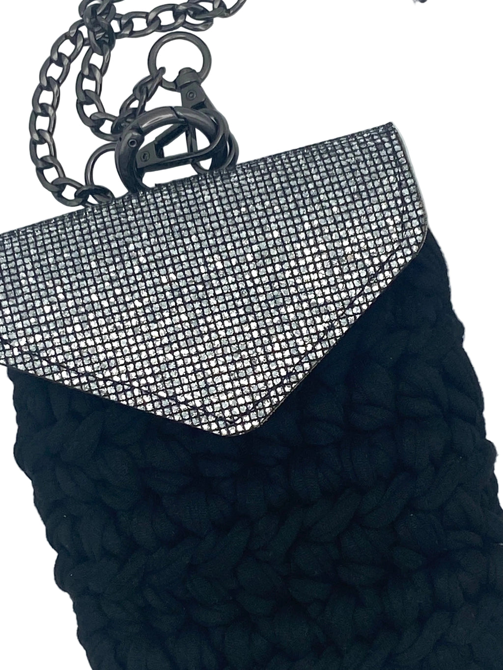 Pochette de téléphone Ibiza en crochet noir et argent