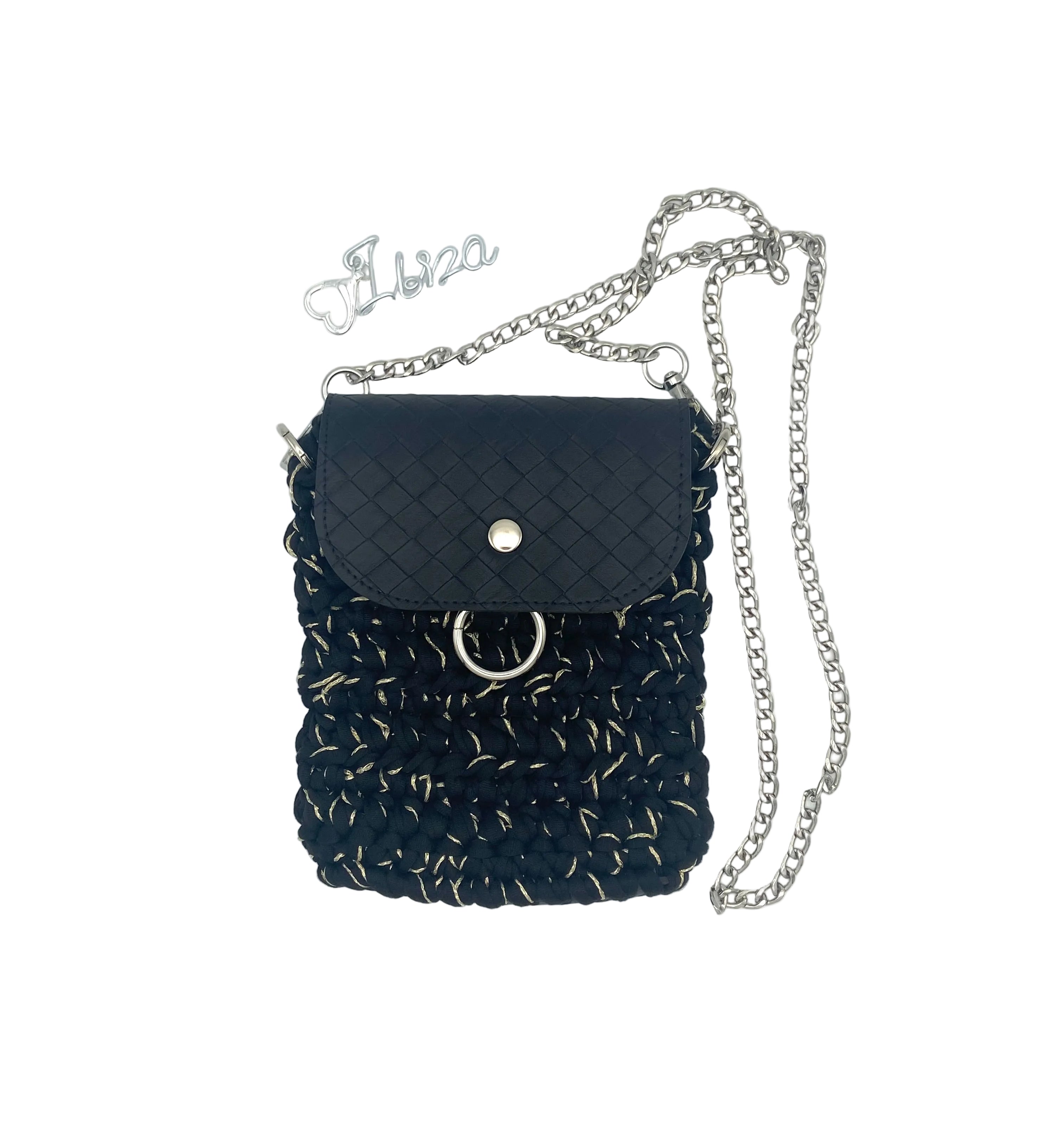 Pochette de téléphone Ibiza en crochet noir, or et argent