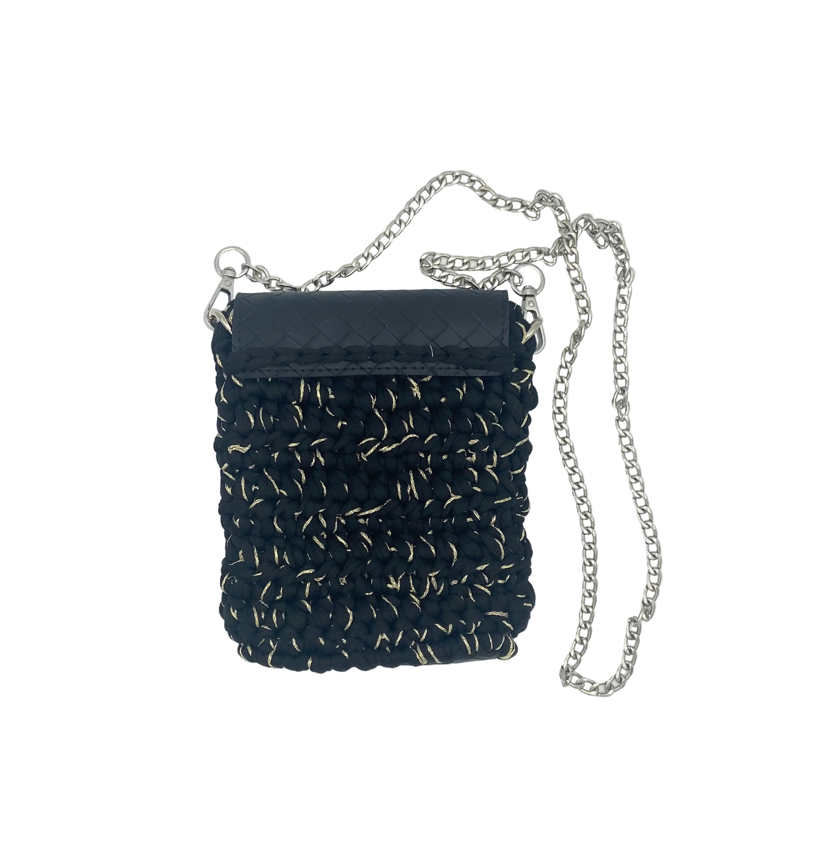 Pochette de téléphone Ibiza en crochet noir, or et argent