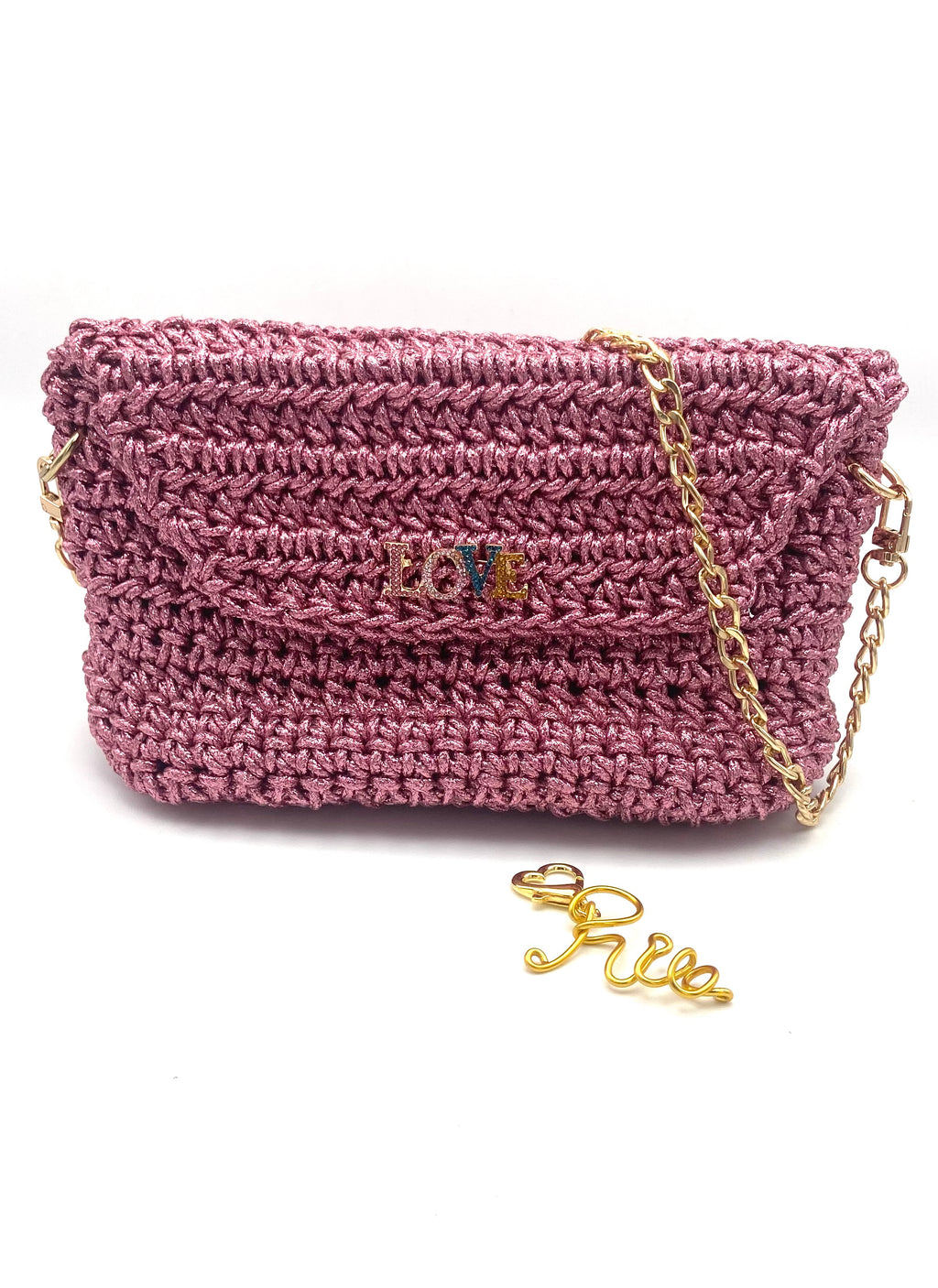 Sac Rio en crochet rose métallisé