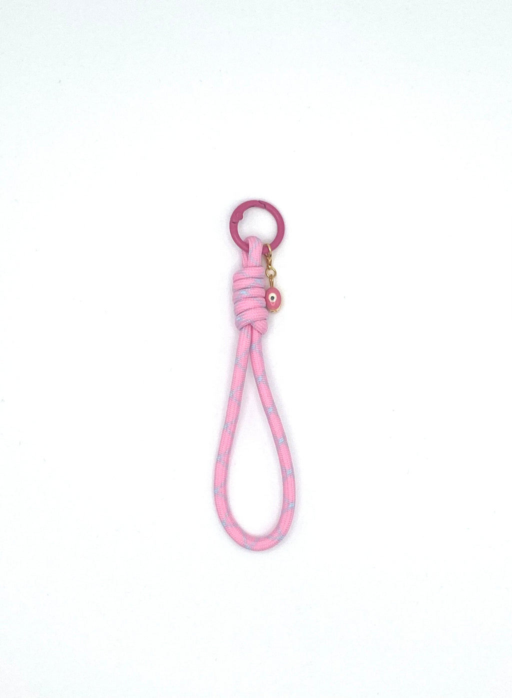Porte clés en macramé rose et bleu avec oeil