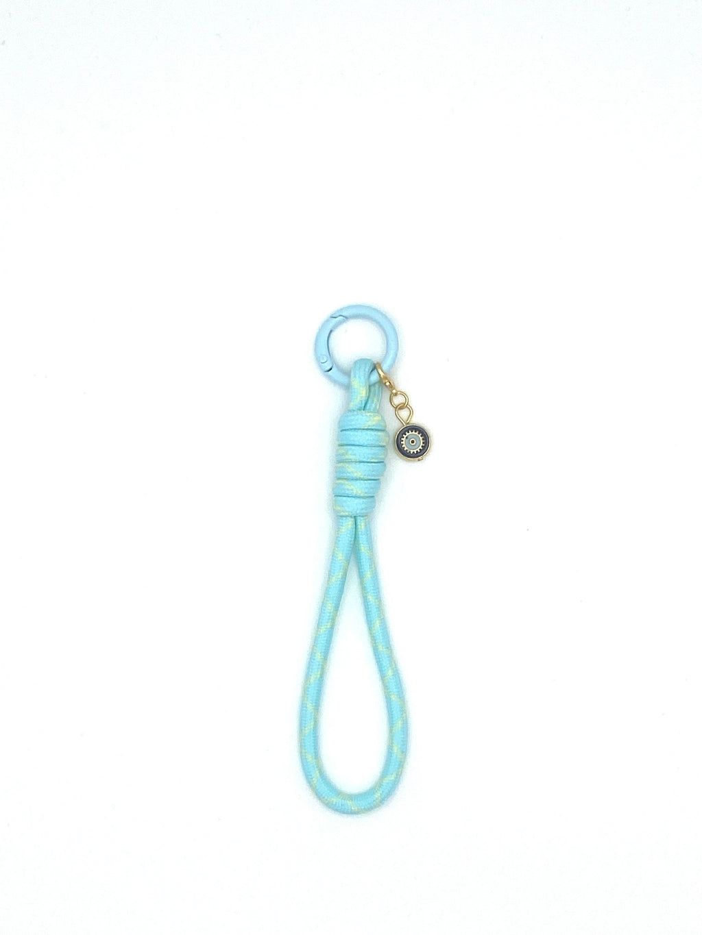 Porte clés en macramé bleu et jaune avec coquillage soleil