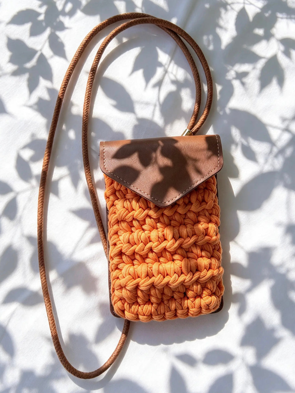 Pochette de téléphone en crochet orange. fait main en France