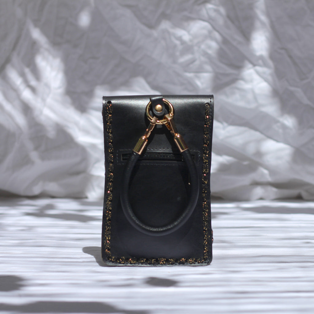 Pochette téléphone au crochet lurex noir et doré