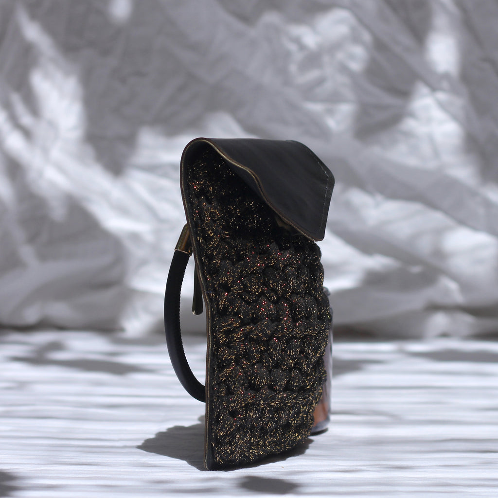 Pochette téléphone au crochet lurex noir et doré