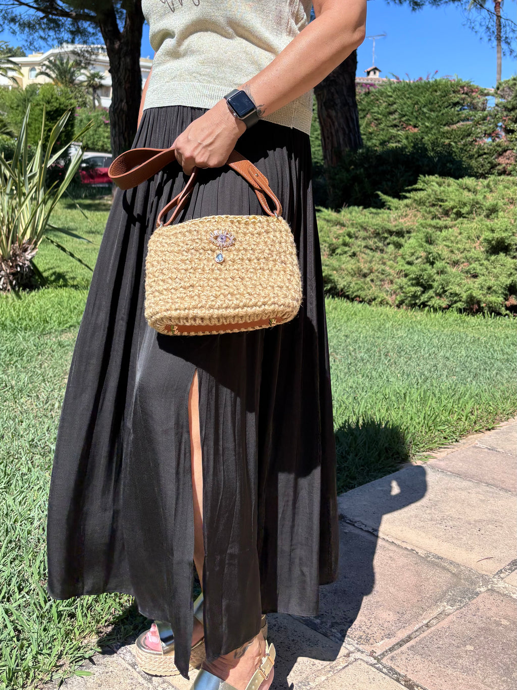 Sac au crochet beige et or