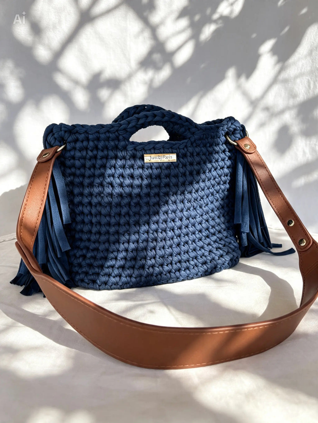 Sac frangé au crochet bleu canard