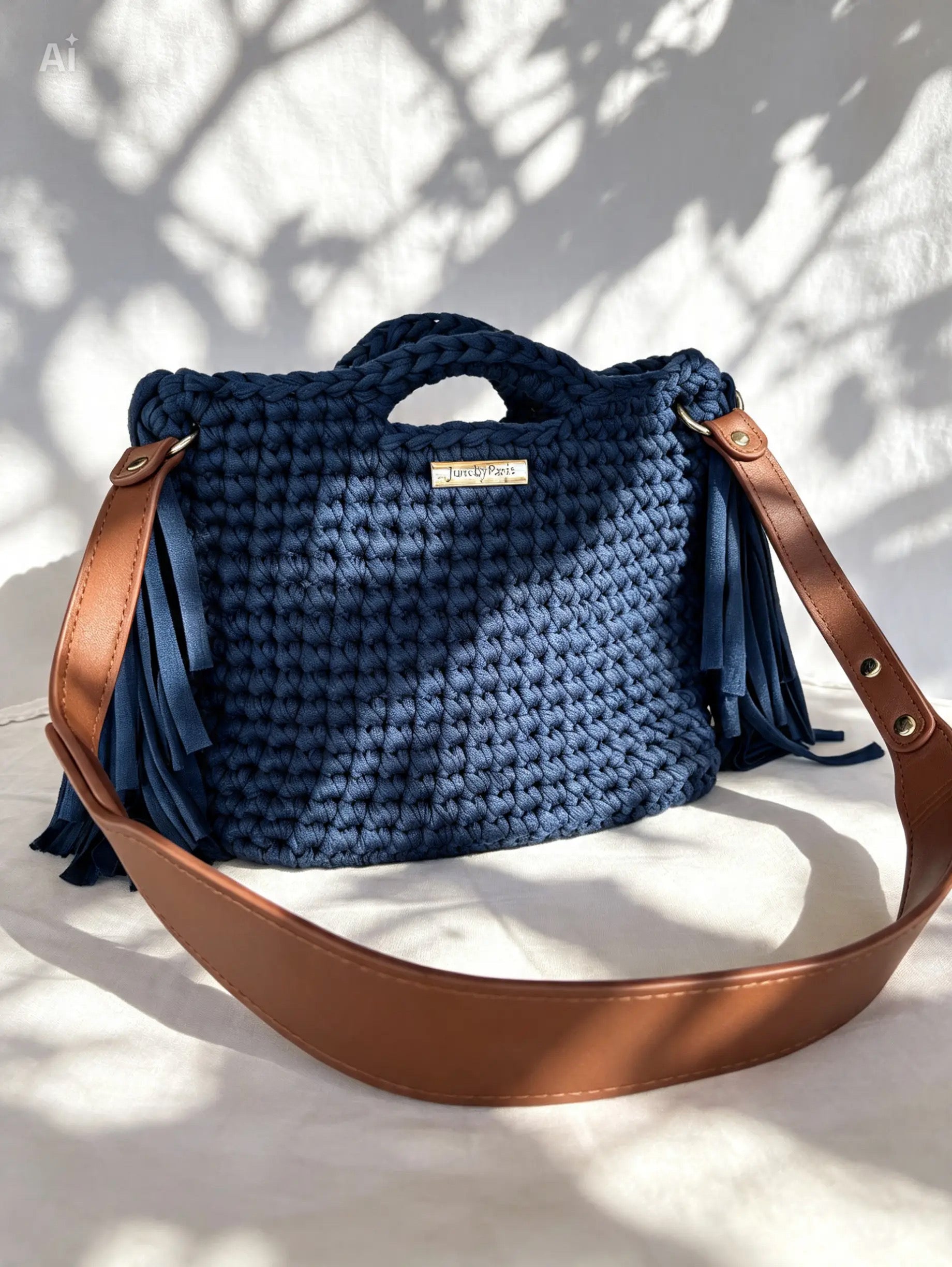 Sac frangé au crochet bleu canard