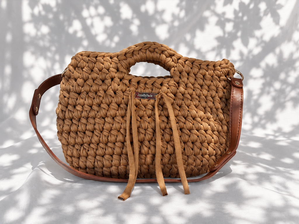 Sac grand volume au crochet camel. Fait main en France