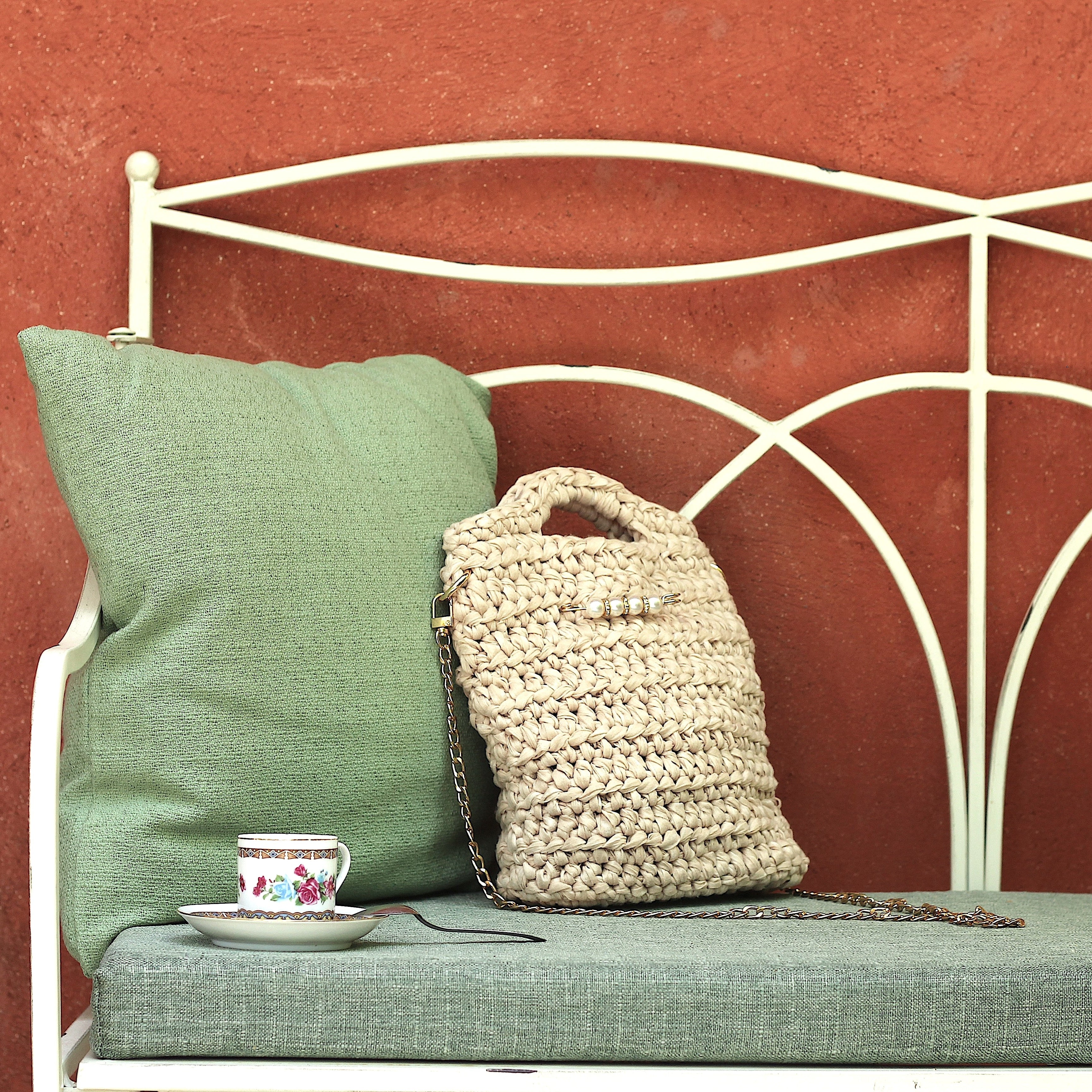 Sac bandoulière au crochet beige