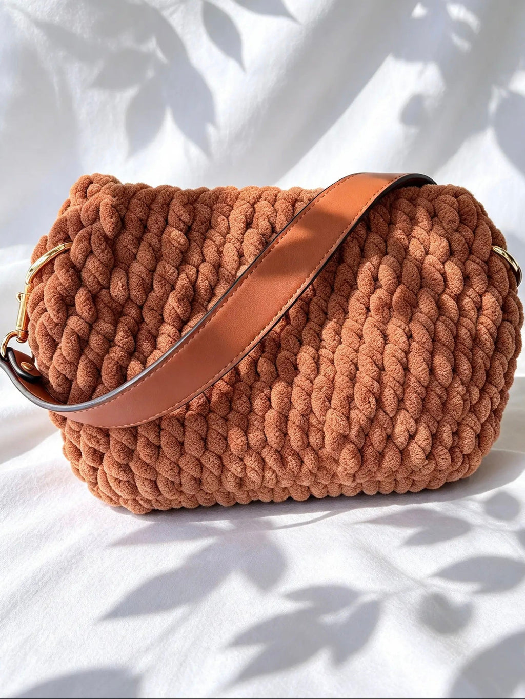 Sac  au crochet en velours camel. Fait main en France