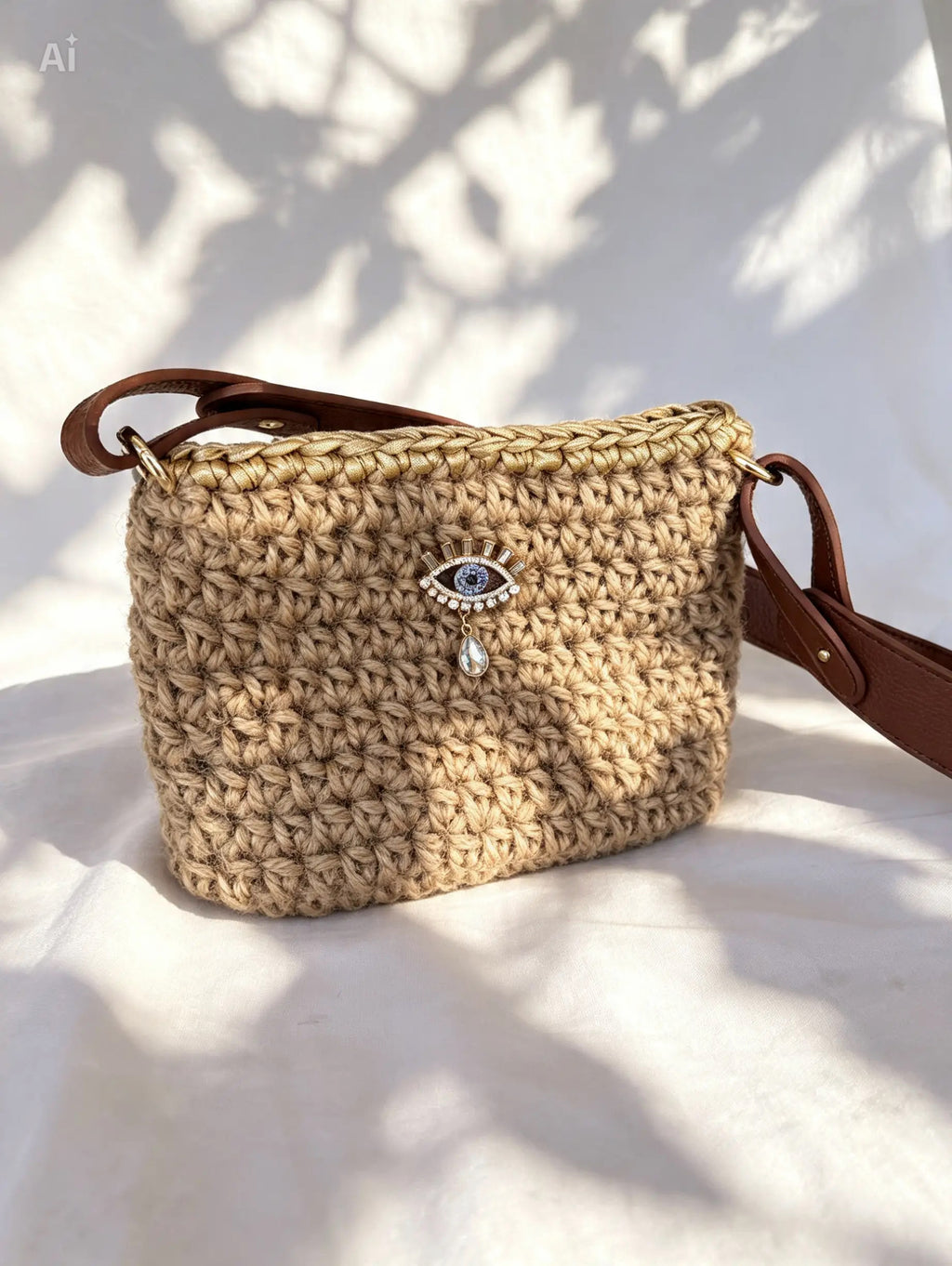Sac au crochet beige et or