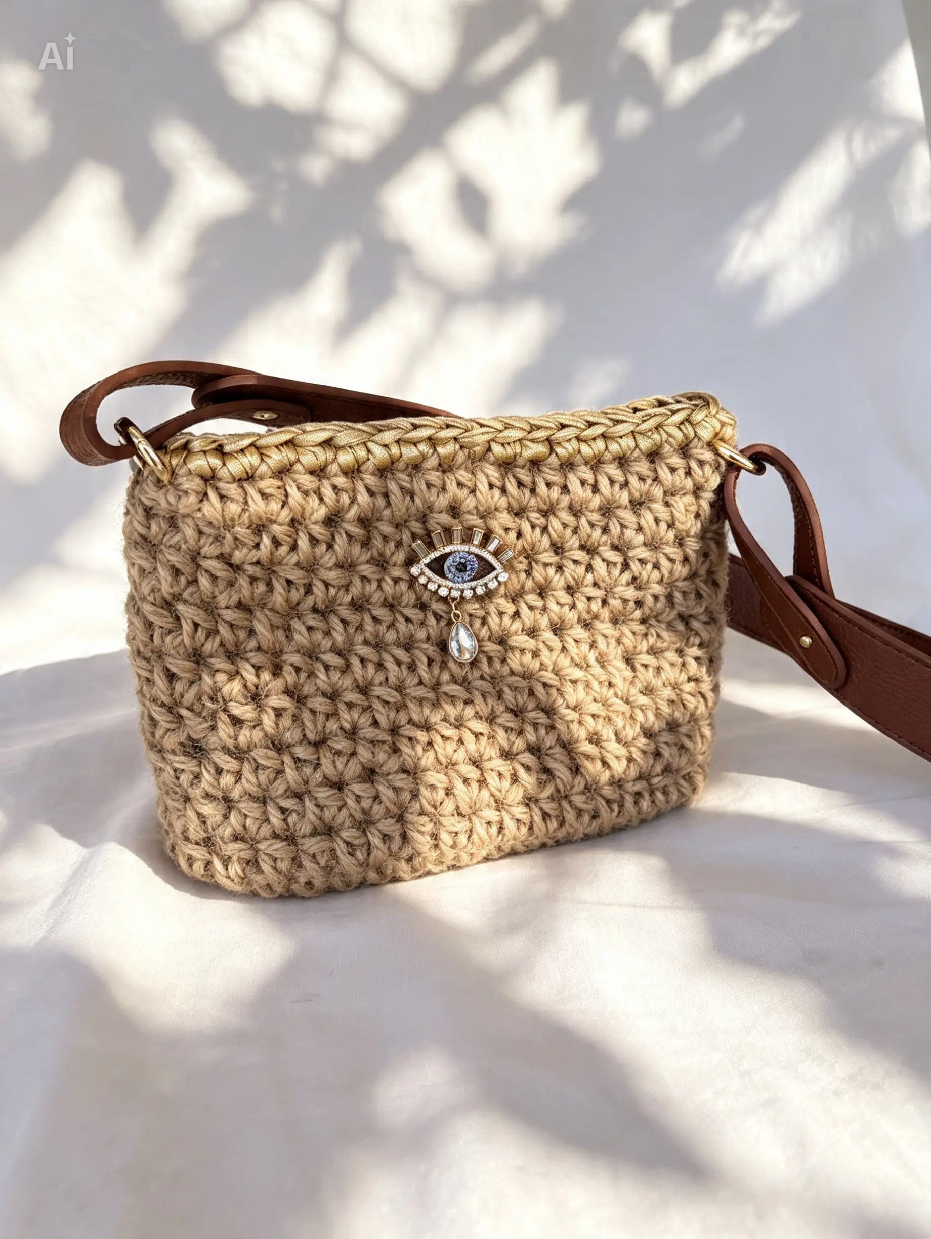 Sac au crochet beige et or